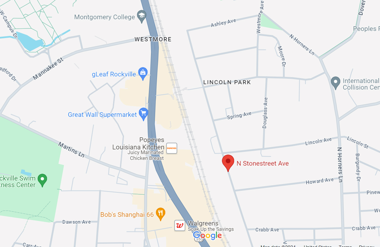 A map of the North Stonestreet Ave area in Rockville, MD.